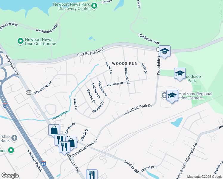 map of restaurants, bars, coffee shops, grocery stores, and more near 774 Winslow Drive in Newport News
