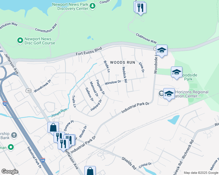 map of restaurants, bars, coffee shops, grocery stores, and more near 774 Winslow Drive in Newport News