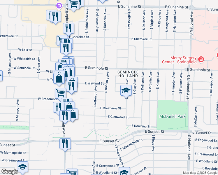 map of restaurants, bars, coffee shops, grocery stores, and more near 2303 South Roanoke Avenue in Springfield