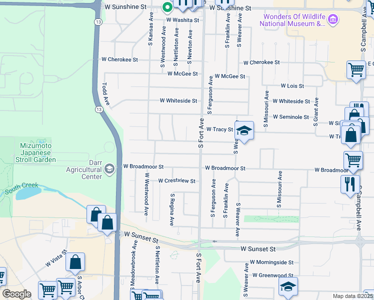 map of restaurants, bars, coffee shops, grocery stores, and more near 1400 West Wayland Street in Springfield