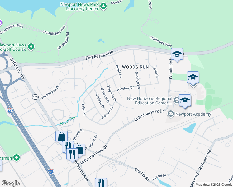map of restaurants, bars, coffee shops, grocery stores, and more near 734 Flagship Drive in Newport News