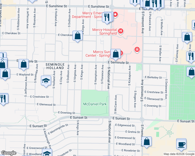 map of restaurants, bars, coffee shops, grocery stores, and more near 2256 South Hampton Avenue in Springfield