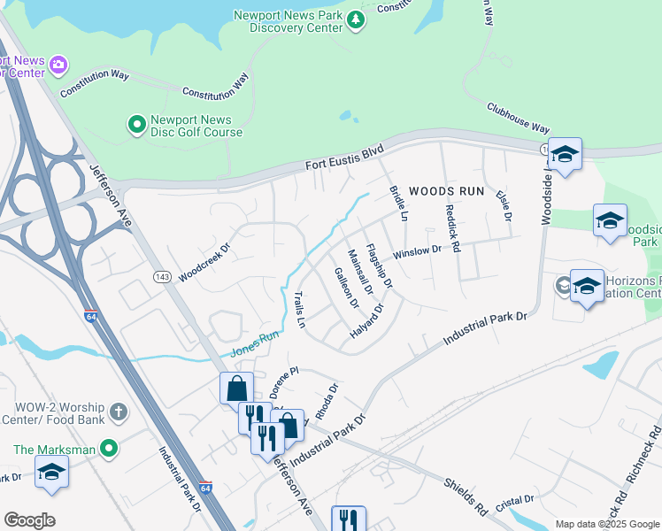 map of restaurants, bars, coffee shops, grocery stores, and more near 723 Galleon Drive in Newport News
