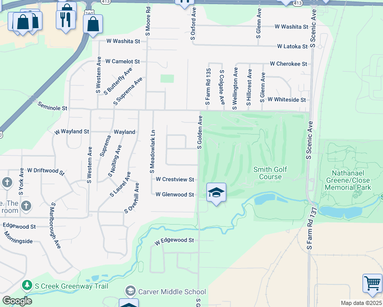 map of restaurants, bars, coffee shops, grocery stores, and more near 3122 West Berkeley Street in Springfield