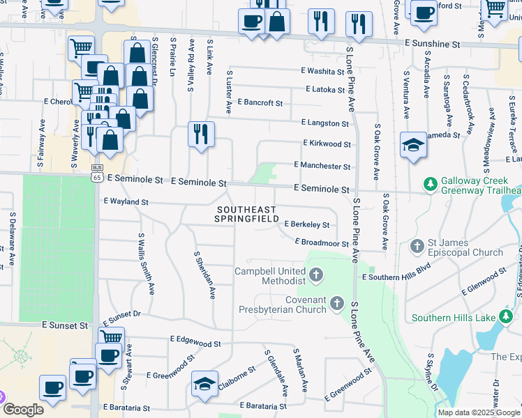 map of restaurants, bars, coffee shops, grocery stores, and more near 2227 South Marlan Avenue in Springfield