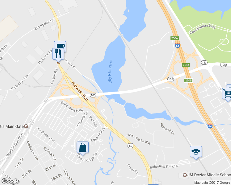 map of restaurants, bars, coffee shops, grocery stores, and more near Fort Eustis Boulevard in Newport News