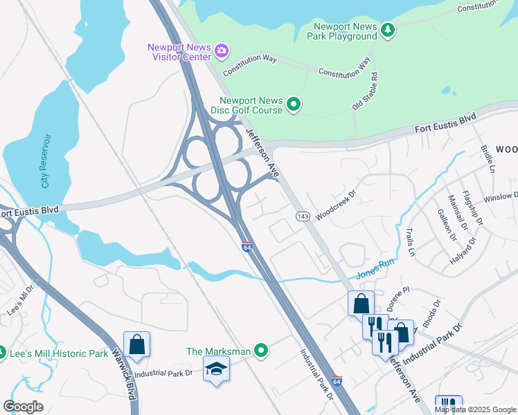 map of restaurants, bars, coffee shops, grocery stores, and more near 615 Sea Pine Lane in Newport News