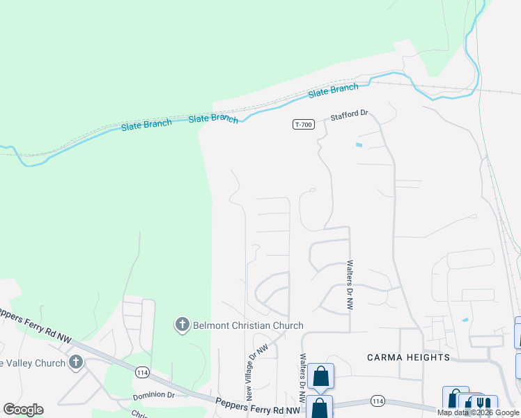 map of restaurants, bars, coffee shops, grocery stores, and more near 2055 New Village Drive Northwest in Christiansburg