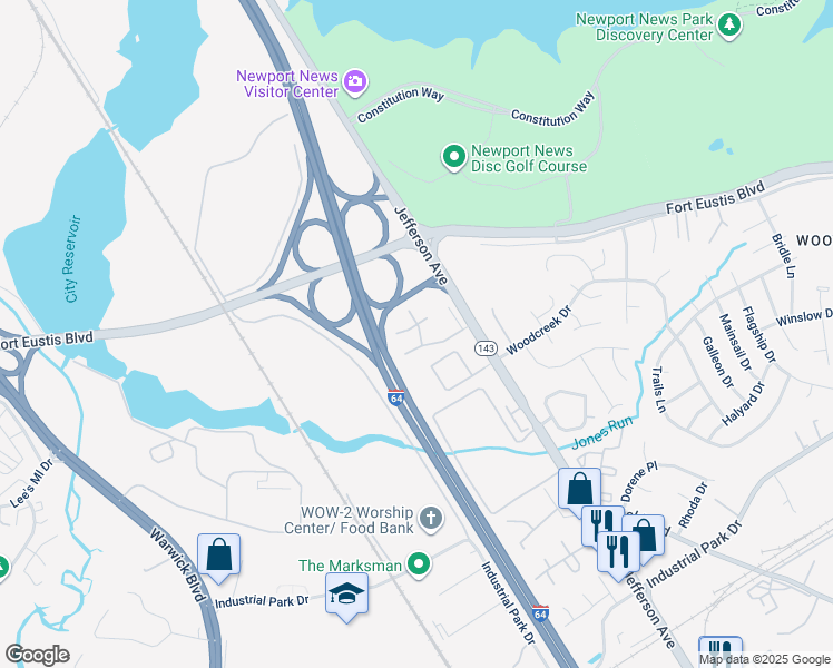 map of restaurants, bars, coffee shops, grocery stores, and more near 615 Sea Pine Lane in Newport News