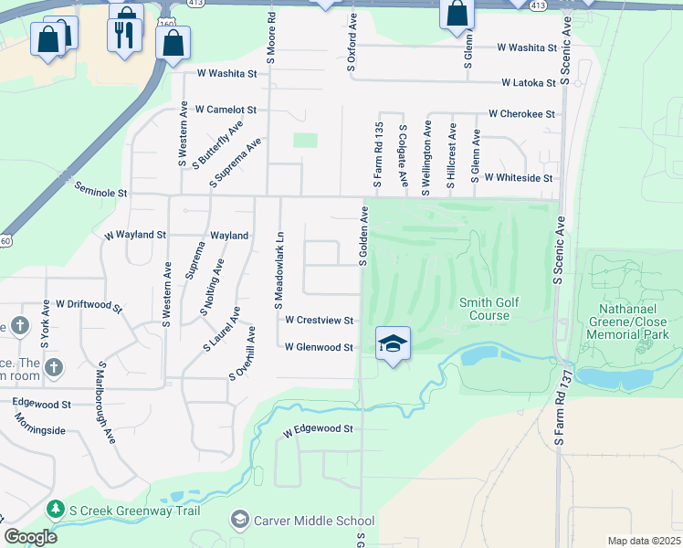 map of restaurants, bars, coffee shops, grocery stores, and more near 3122-3130 West Berkeley Street in Springfield
