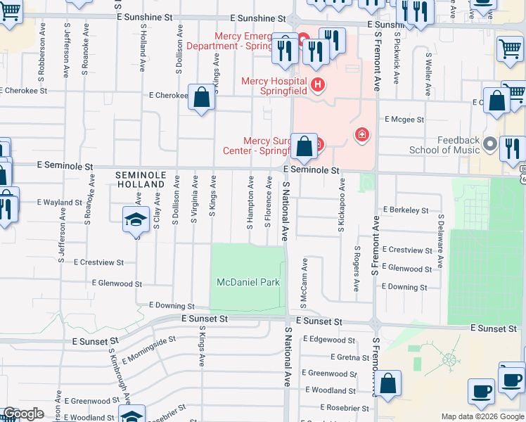 map of restaurants, bars, coffee shops, grocery stores, and more near 2256 South Hampton Avenue in Springfield