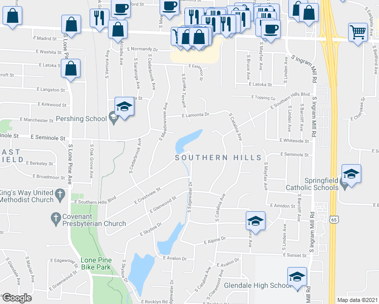 map of restaurants, bars, coffee shops, grocery stores, and more near 2900 East Southern Hills Boulevard in Springfield