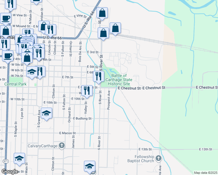map of restaurants, bars, coffee shops, grocery stores, and more near 1101 East Chestnut Street in Carthage
