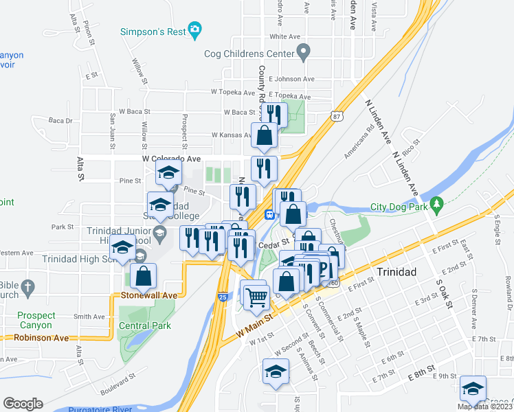 map of restaurants, bars, coffee shops, grocery stores, and more near 110 Pine Street in Trinidad
