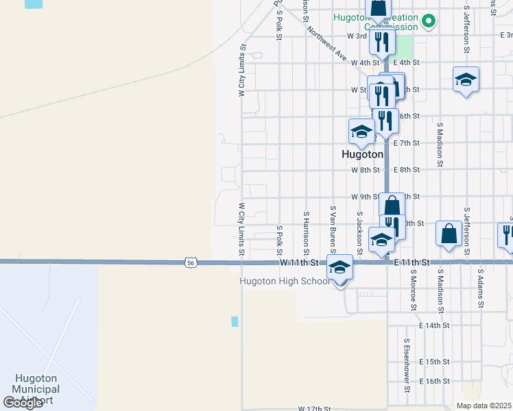 map of restaurants, bars, coffee shops, grocery stores, and more near 535-575 West 9th Street in Hugoton