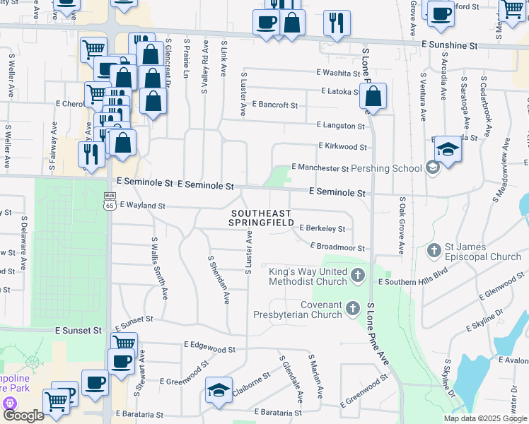 map of restaurants, bars, coffee shops, grocery stores, and more near 2239 South Glendale Avenue in Springfield