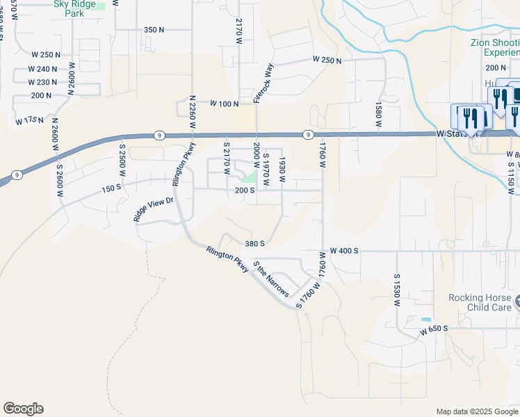 map of restaurants, bars, coffee shops, grocery stores, and more near 1979 West 200 South in Hurricane