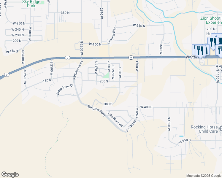 map of restaurants, bars, coffee shops, grocery stores, and more near 1991 West 250 South in Hurricane