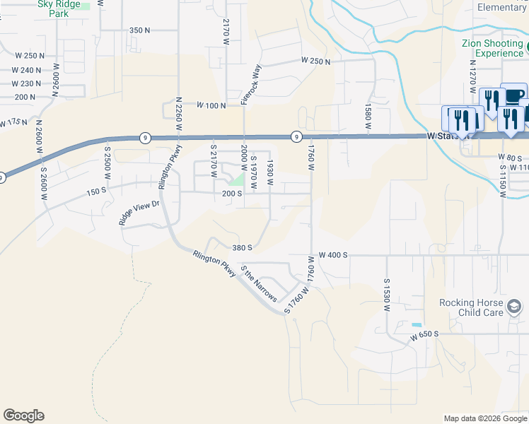 map of restaurants, bars, coffee shops, grocery stores, and more near 1979 West 200 South in Hurricane
