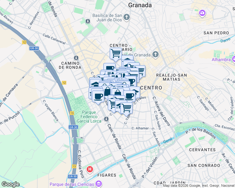 map of restaurants, bars, coffee shops, grocery stores, and more near Plaza de Gracia in Granada