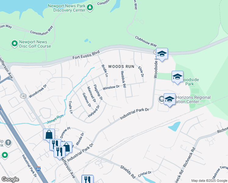 map of restaurants, bars, coffee shops, grocery stores, and more near 493 Lanelle Place in Newport News