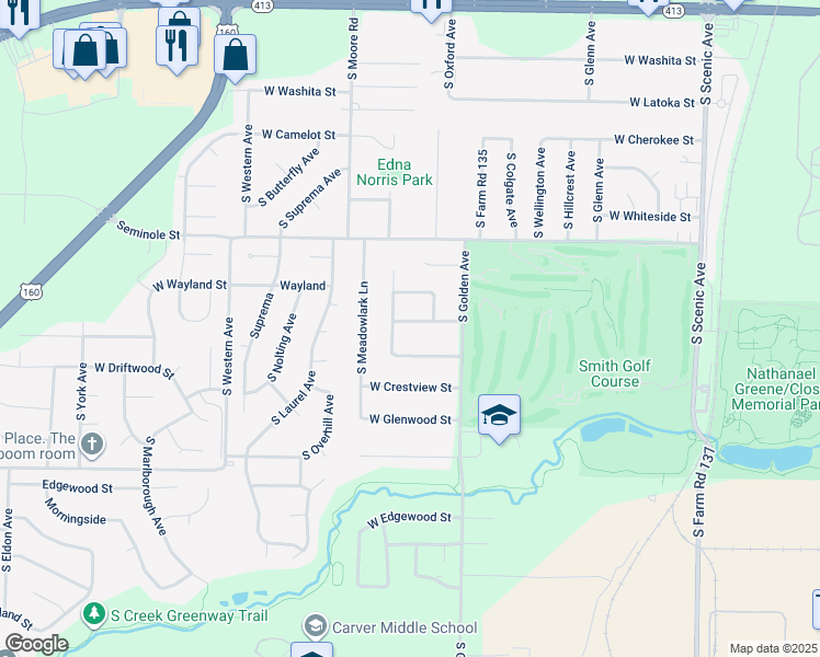 map of restaurants, bars, coffee shops, grocery stores, and more near 3192 West Berkeley Street in Springfield