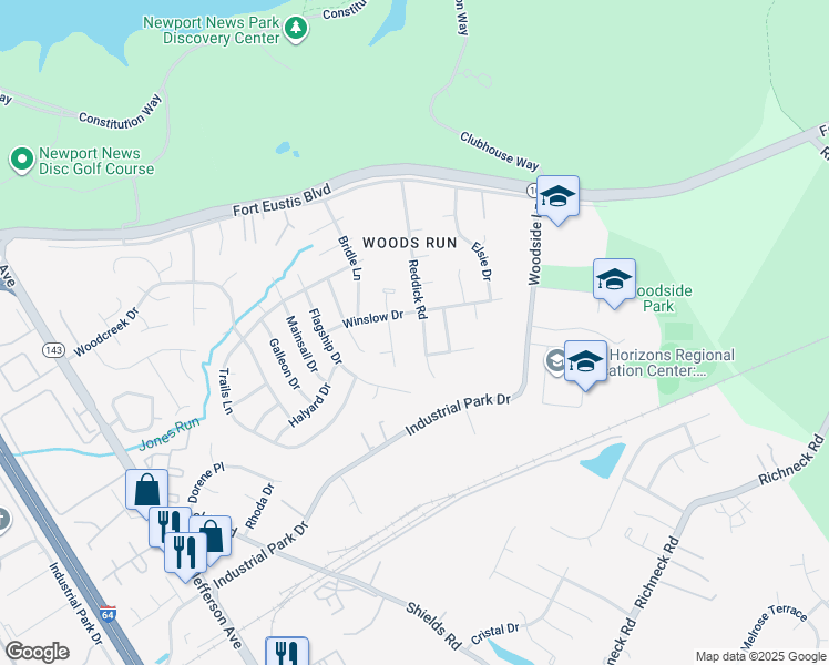 map of restaurants, bars, coffee shops, grocery stores, and more near 495 Reddick Road in Newport News