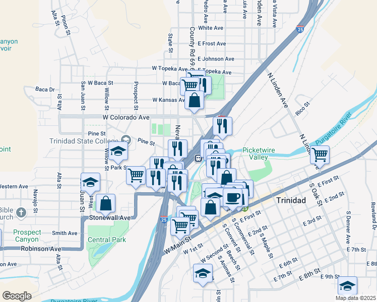 map of restaurants, bars, coffee shops, grocery stores, and more near 113 Pine Street in Trinidad