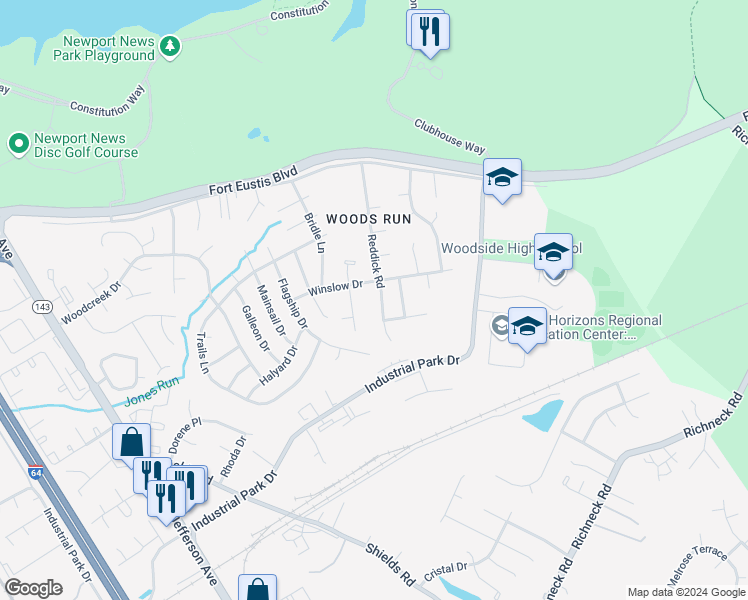 map of restaurants, bars, coffee shops, grocery stores, and more near 495 Reddick Road in Newport News