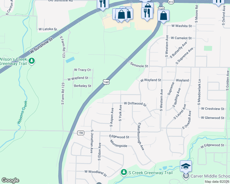 map of restaurants, bars, coffee shops, grocery stores, and more near 3785 West Broadmoor Street in Springfield