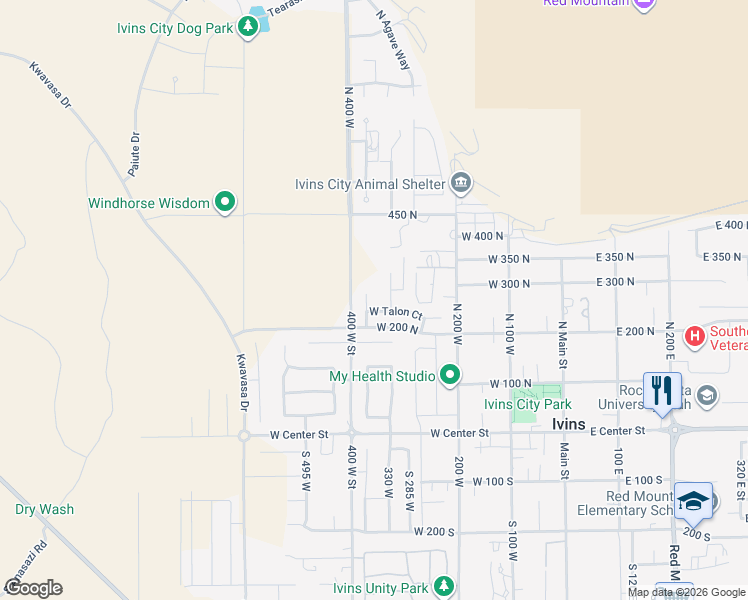 map of restaurants, bars, coffee shops, grocery stores, and more near 266 Falcon Court in Ivins