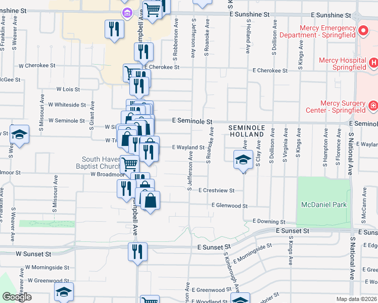 map of restaurants, bars, coffee shops, grocery stores, and more near 330 East Wayland Street in Springfield