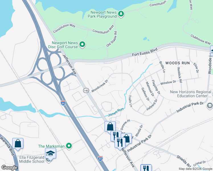 map of restaurants, bars, coffee shops, grocery stores, and more near 804 Pine Tree Court in Newport News