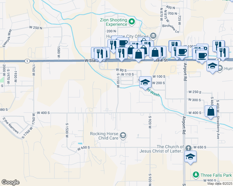 map of restaurants, bars, coffee shops, grocery stores, and more near 256 S 1150 W in Hurricane
