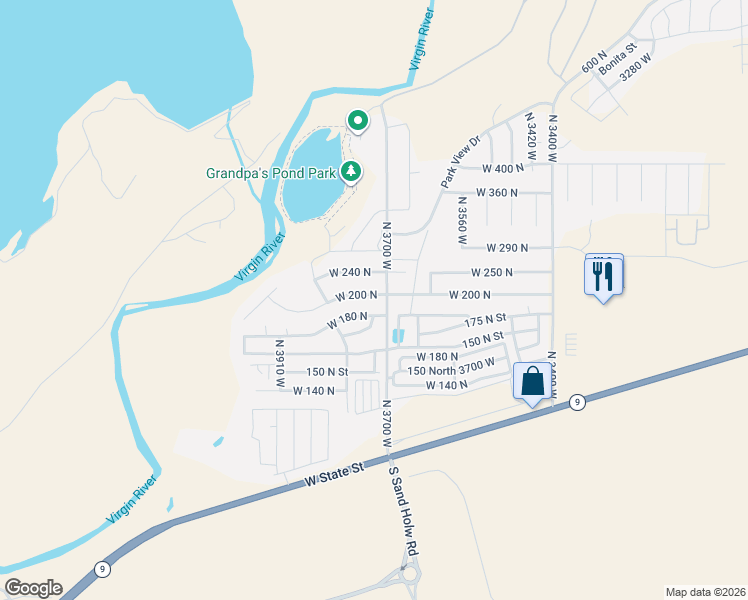 map of restaurants, bars, coffee shops, grocery stores, and more near 3743 W 200 N in Hurricane