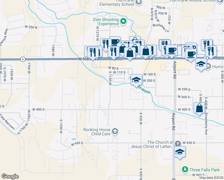 map of restaurants, bars, coffee shops, grocery stores, and more near 256 South 1150 West in Hurricane