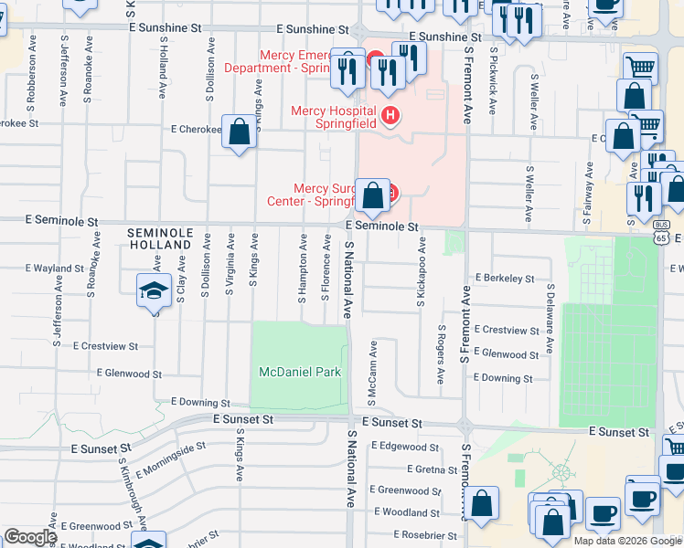 map of restaurants, bars, coffee shops, grocery stores, and more near 2311 South National Avenue in Springfield