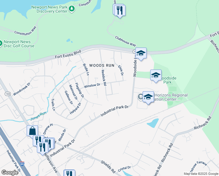 map of restaurants, bars, coffee shops, grocery stores, and more near 495 Trumble Lane in Newport News