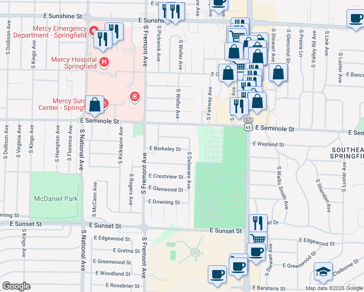 map of restaurants, bars, coffee shops, grocery stores, and more near 1519 East Berkeley Street in Springfield