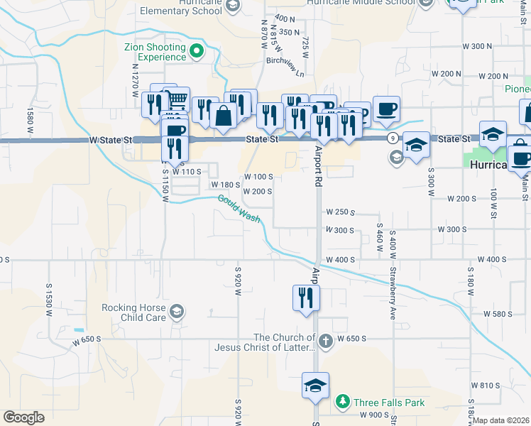 map of restaurants, bars, coffee shops, grocery stores, and more near 815 West 250 South in Hurricane