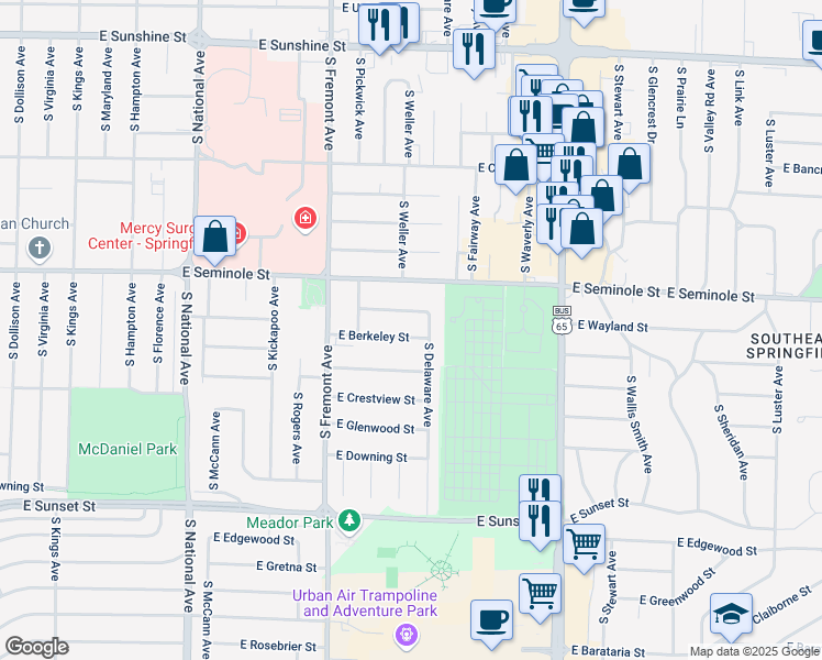 map of restaurants, bars, coffee shops, grocery stores, and more near 1519 East Berkeley Street in Springfield