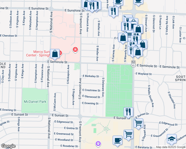 map of restaurants, bars, coffee shops, grocery stores, and more near 1461 East Berkeley Street in Springfield