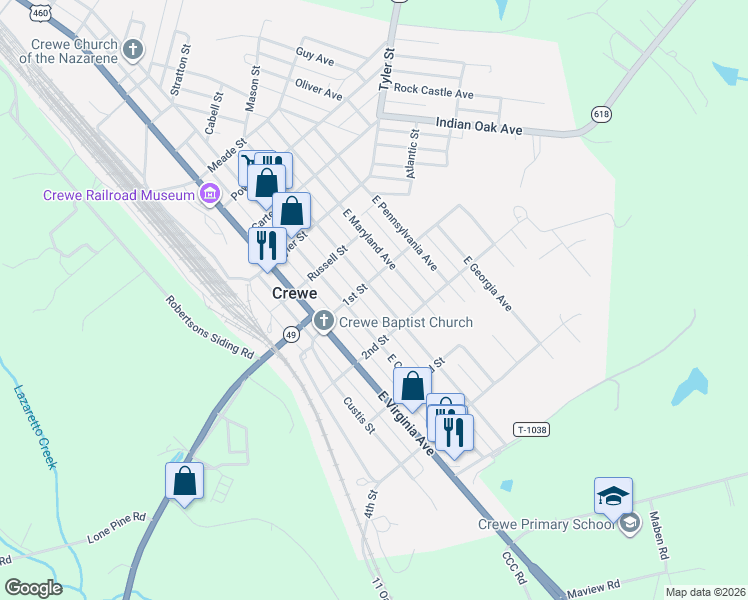 map of restaurants, bars, coffee shops, grocery stores, and more near 422 East Tennessee Avenue in Crewe