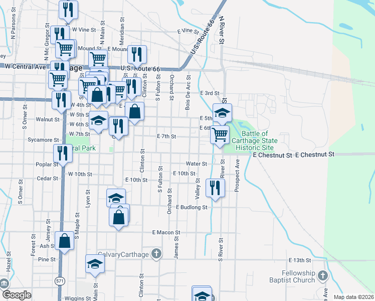 map of restaurants, bars, coffee shops, grocery stores, and more near 731 East Chestnut Street in Carthage
