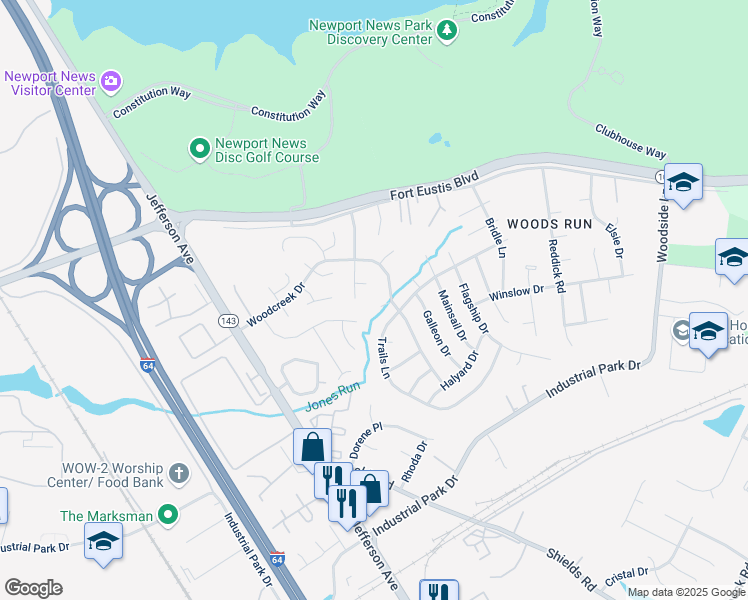 map of restaurants, bars, coffee shops, grocery stores, and more near 705 Topsider Ct in Newport News