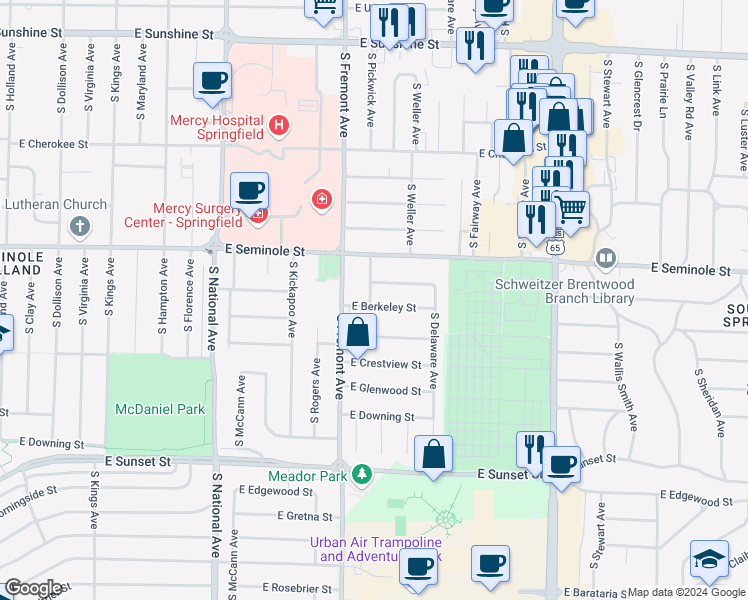map of restaurants, bars, coffee shops, grocery stores, and more near 1435 East Berkeley Street in Springfield
