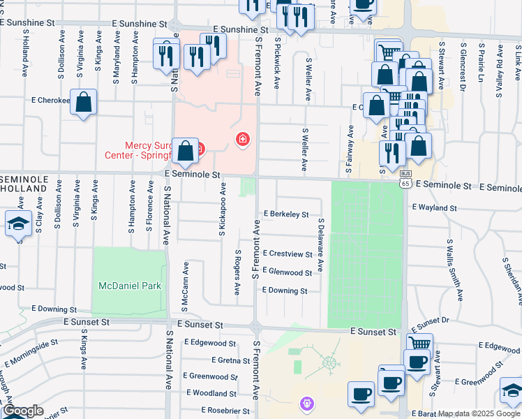 map of restaurants, bars, coffee shops, grocery stores, and more near 3 East Berkeley Street in Springfield