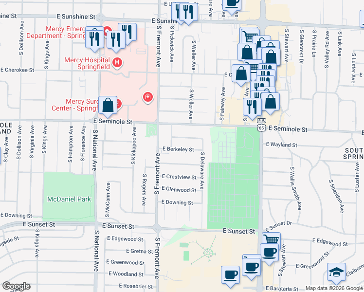map of restaurants, bars, coffee shops, grocery stores, and more near 1443 East Berkeley Street in Springfield