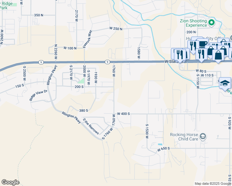 map of restaurants, bars, coffee shops, grocery stores, and more near 155 South 1760 West in Hurricane