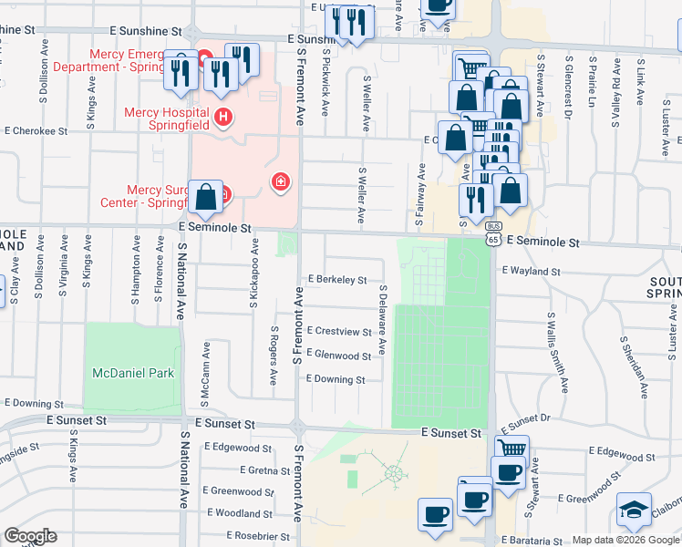 map of restaurants, bars, coffee shops, grocery stores, and more near 1443 East Berkeley Street in Springfield